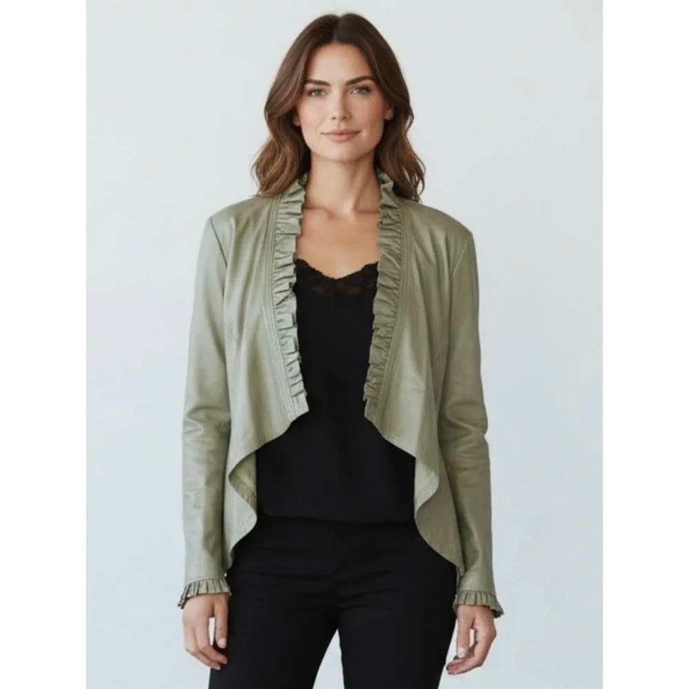 Saks Fifth Avenue Black Sage Green Metallic Ruffle Leather Waterfall Jacket 14